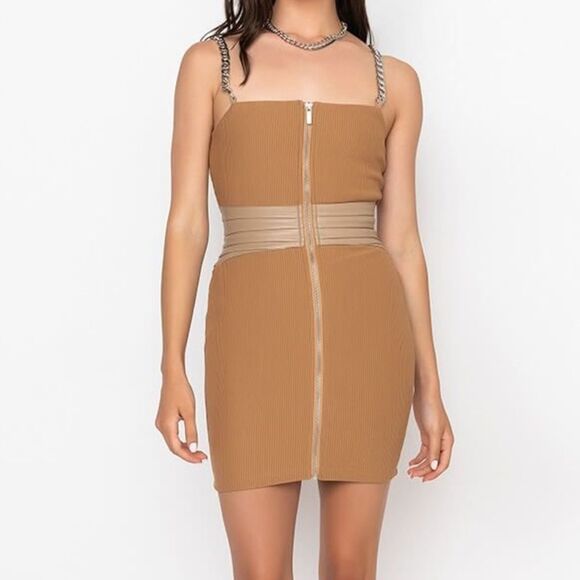 New AKIRA All Chains Corset Detail Mini Dress Light Brown - Picture 1 of 5